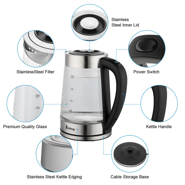 Blue Glass Electric Kettle - HD-250 220V 2000W 2L